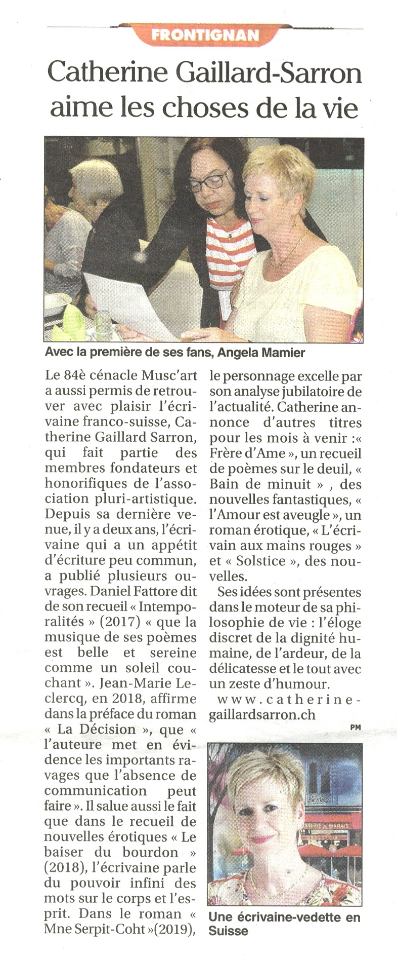 Article Catherine Gaillard-Sarron, Petit Journal de l'Hérault 11.10.19