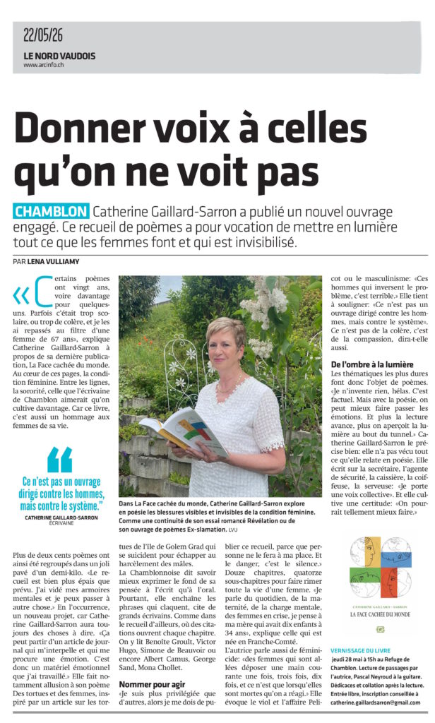 Le Nord Vaudois, Catherine Gaillard-Sarron, La Face cachée du monde 22.5.26